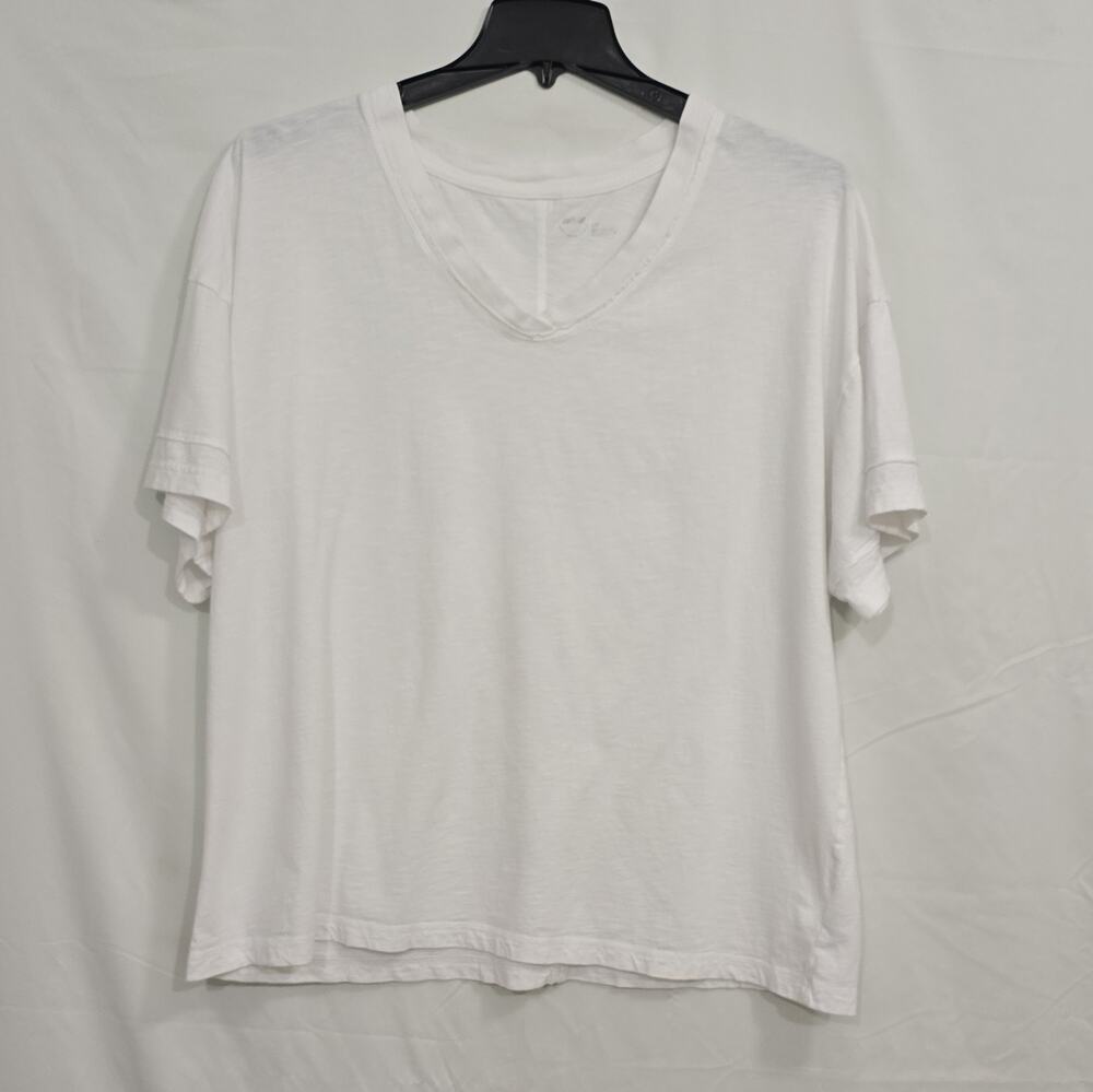 Aerie Womens L White V-Neck Short Sleeve 100% Cotton Knit T-Shirt Seam Detail